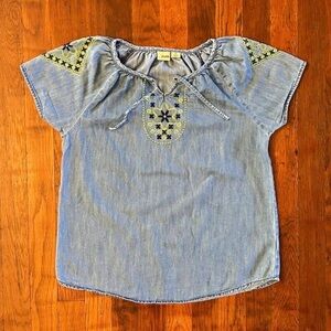 Vintage Y2K Mudd Hippie Boho Embroidered Flowers Festival Denim Shirt Blouse M